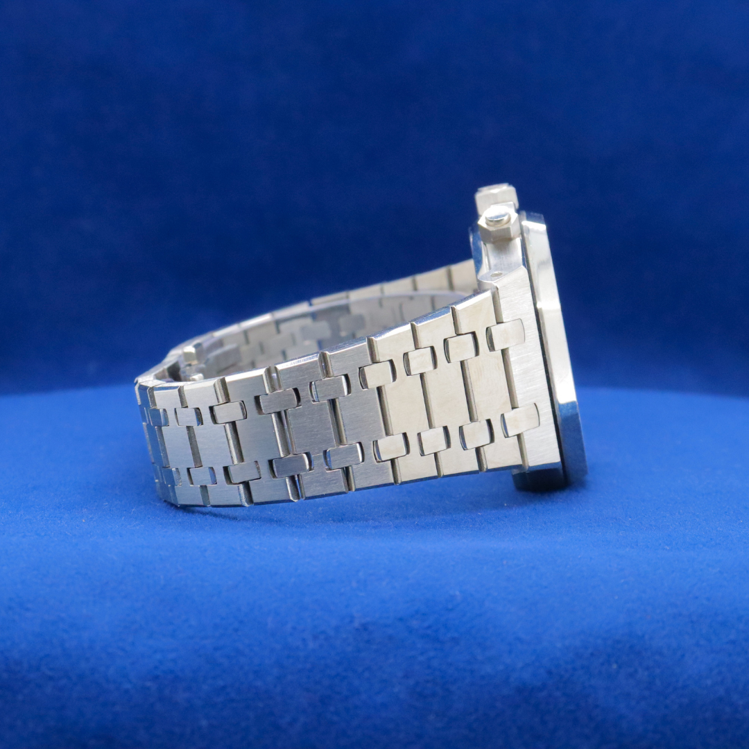 Right-side view of Snowstorm Chrono stainless steel watch, featuring a sleek and timeless look.