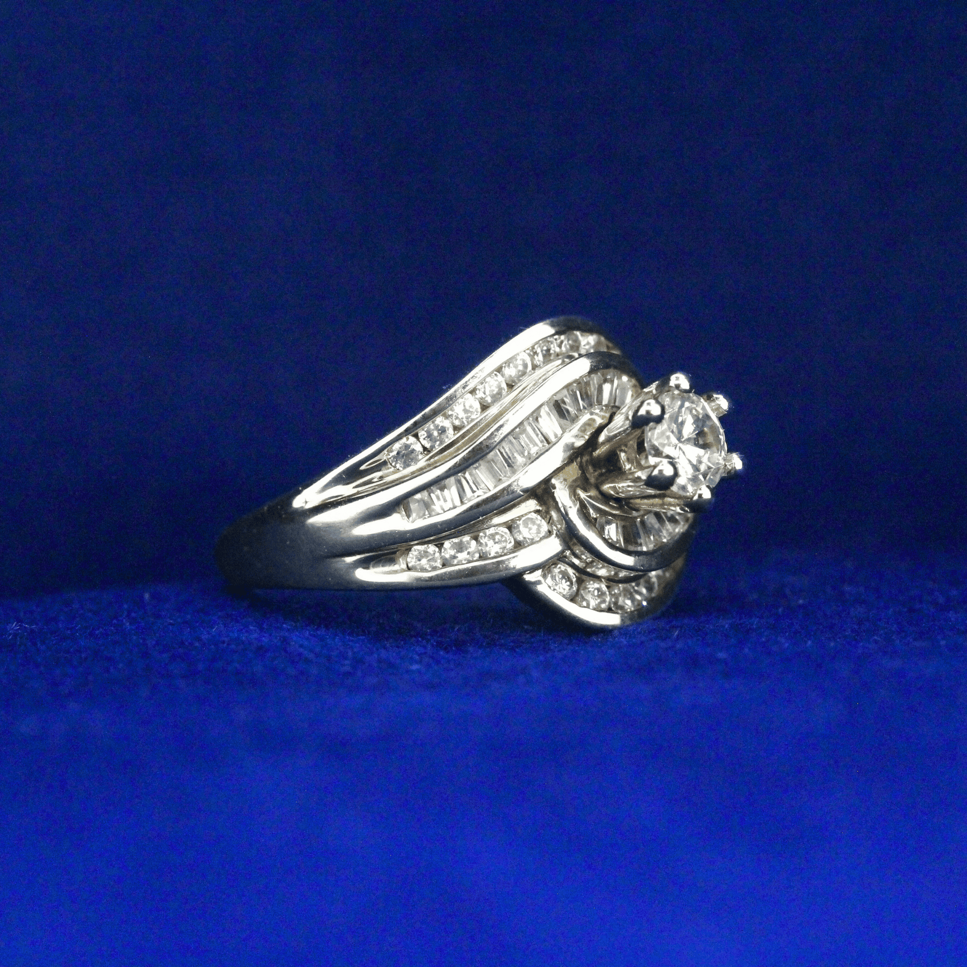 Right side view of Swirl Design Soldered Wedding Ring with Moissanite diamonds – Fine jewelry