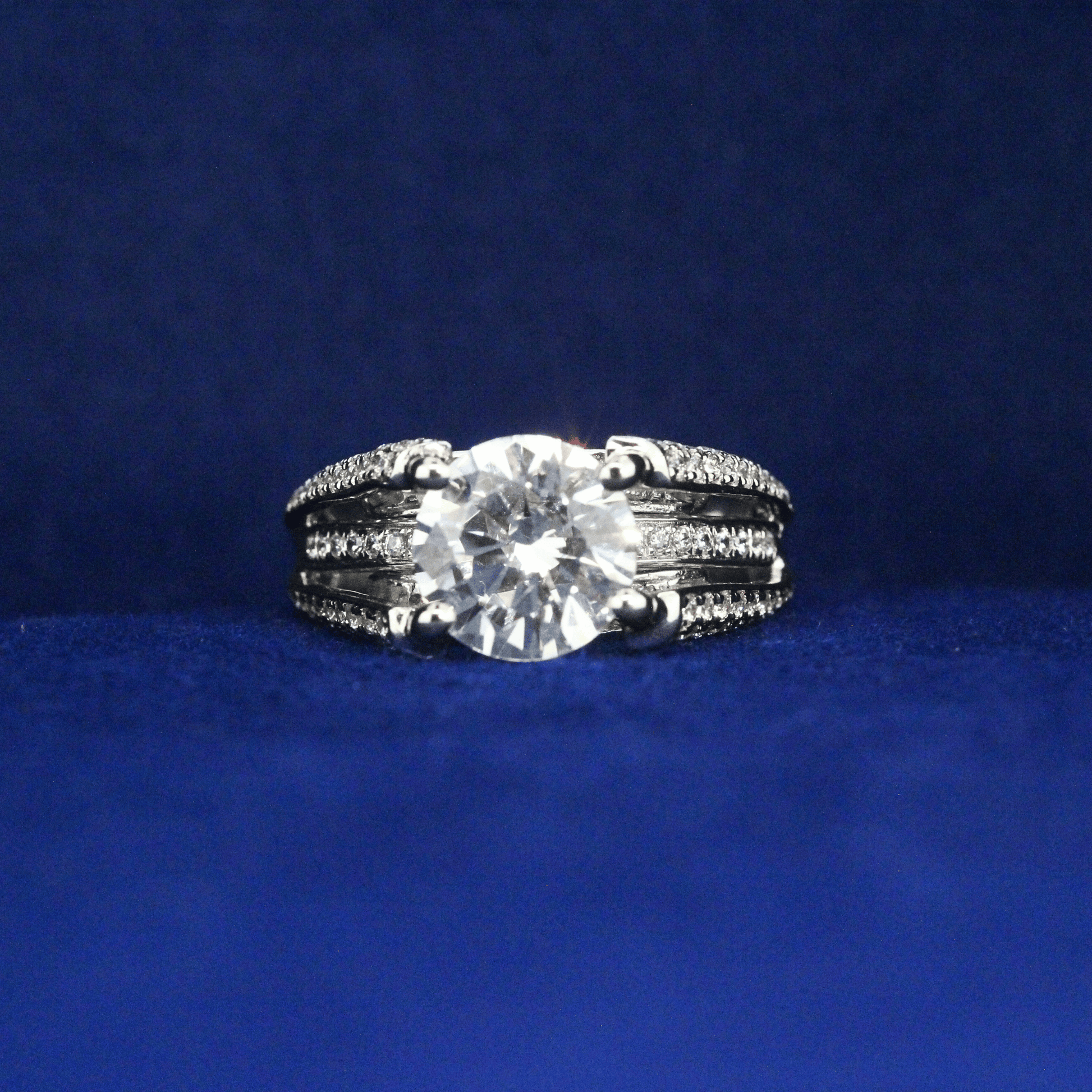 Front view of Three Layer Solitaire Ring with Moissanite diamonds – Fine jewelry