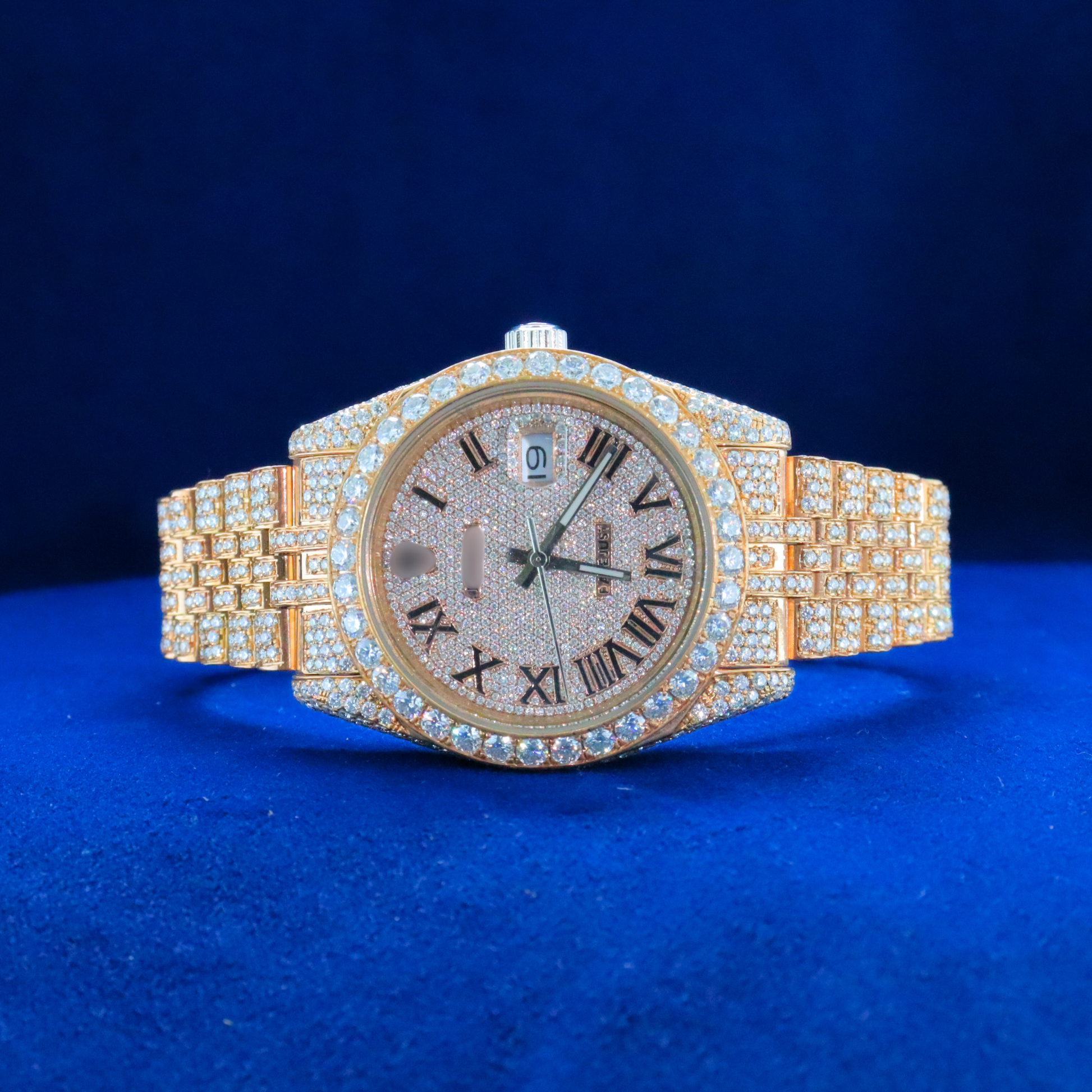 Front view of Ultimate Gold & Diamond Statement Watch with Moissanite diamonds – Custom iced out hip hop watch
