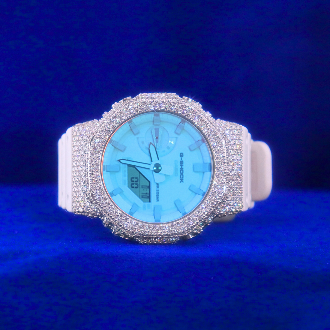 Front view of White Frost Phantom Blaze – fully frosted custom digital watch with 14K white gold and moissanite diamonds