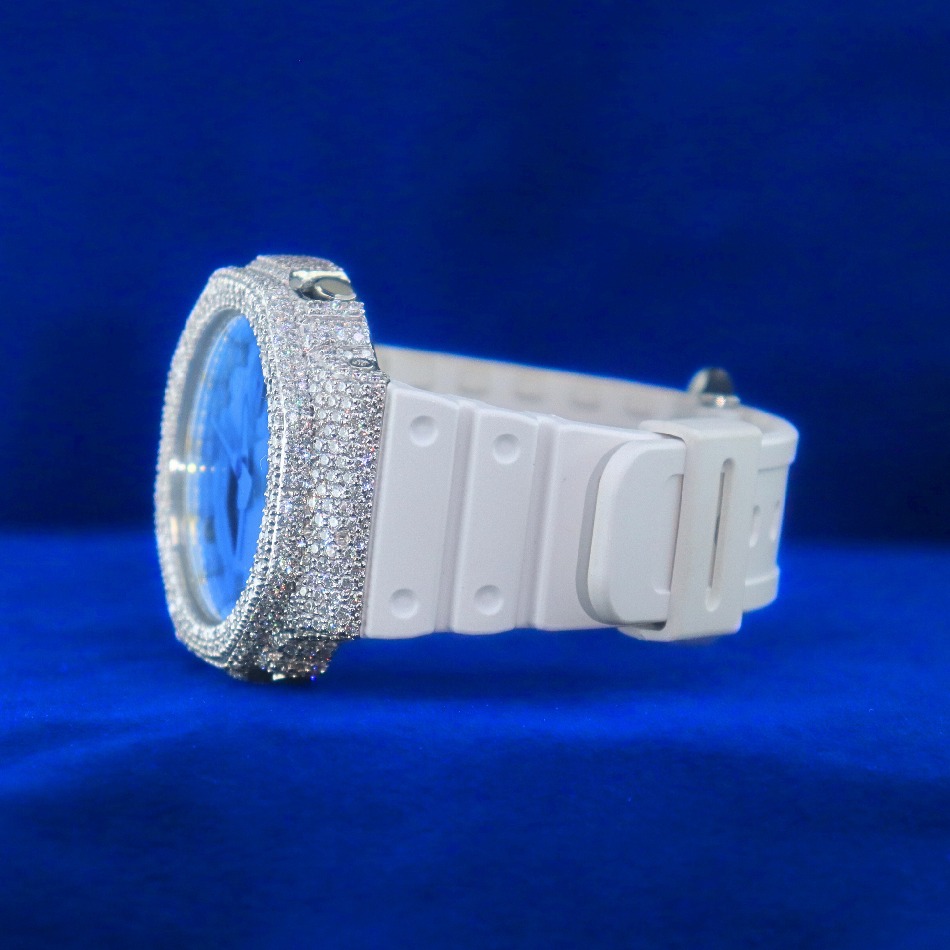 Left view of White Frost Phantom Blaze – sleek half iced out custom watch with white frost finish and sparkling moissanite stones