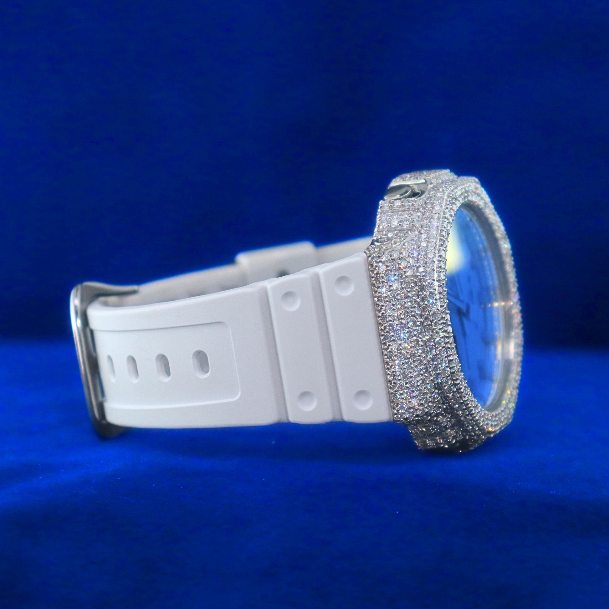 Right side angle of White Frost Phantom Blaze – iced digital watch in 14K white gold with moissanite diamonds, clean and bold