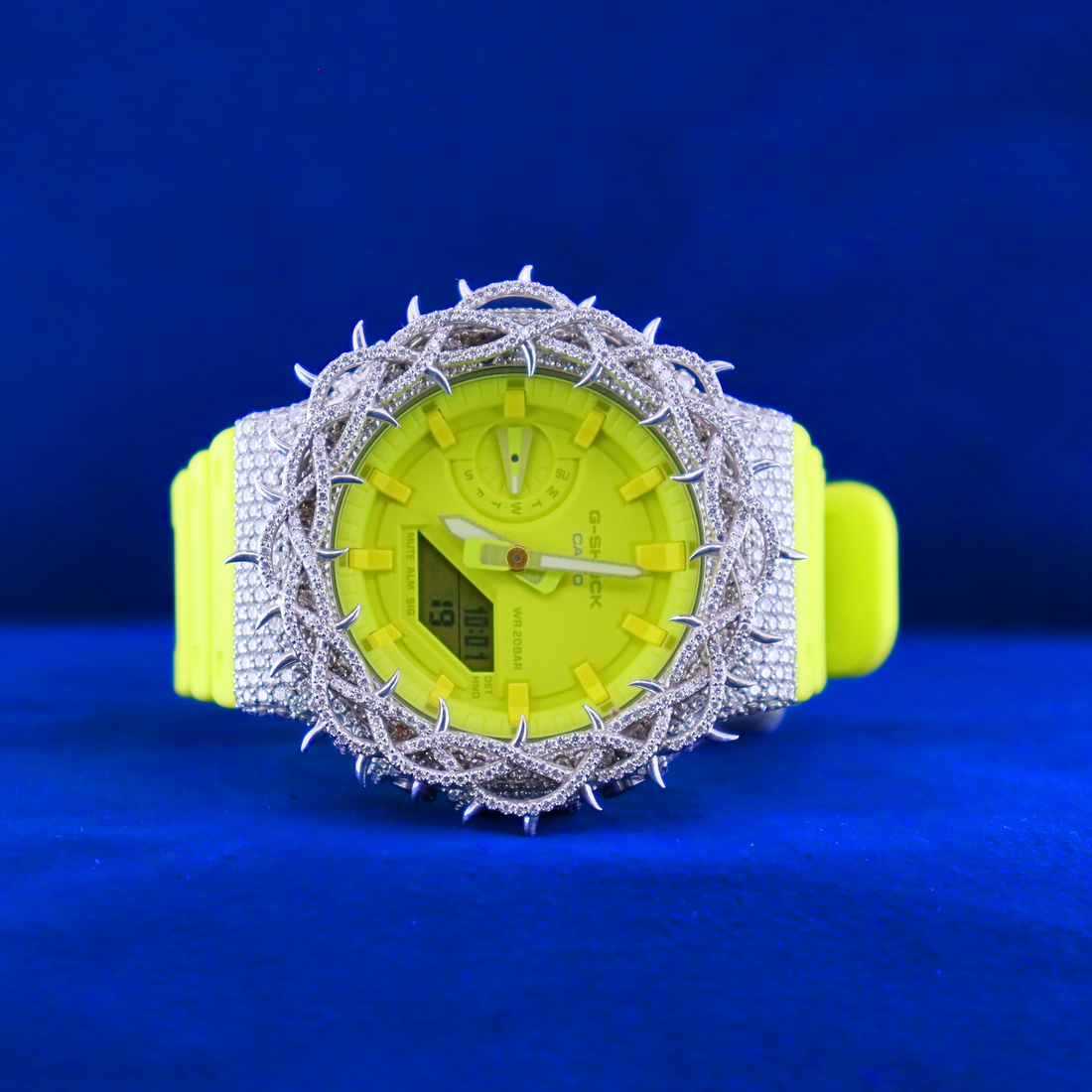 Front view of Yellow Iced Frost Phantom  Gshock customize– half iced out custom digital watch with moissanite diamonds and 14K white gold finish