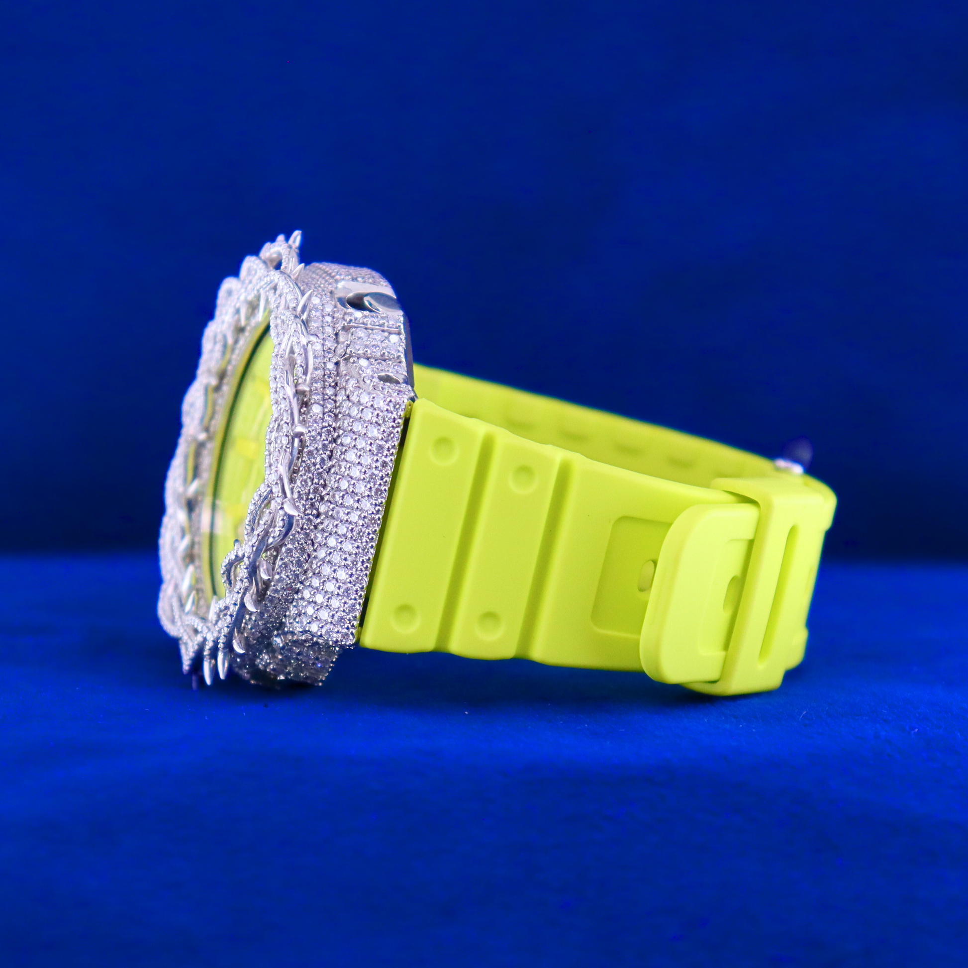 Left view of Yellow Iced Frost Phantom – moissanite diamond half iced out custom watch with yellow icy finish and 14K white gold