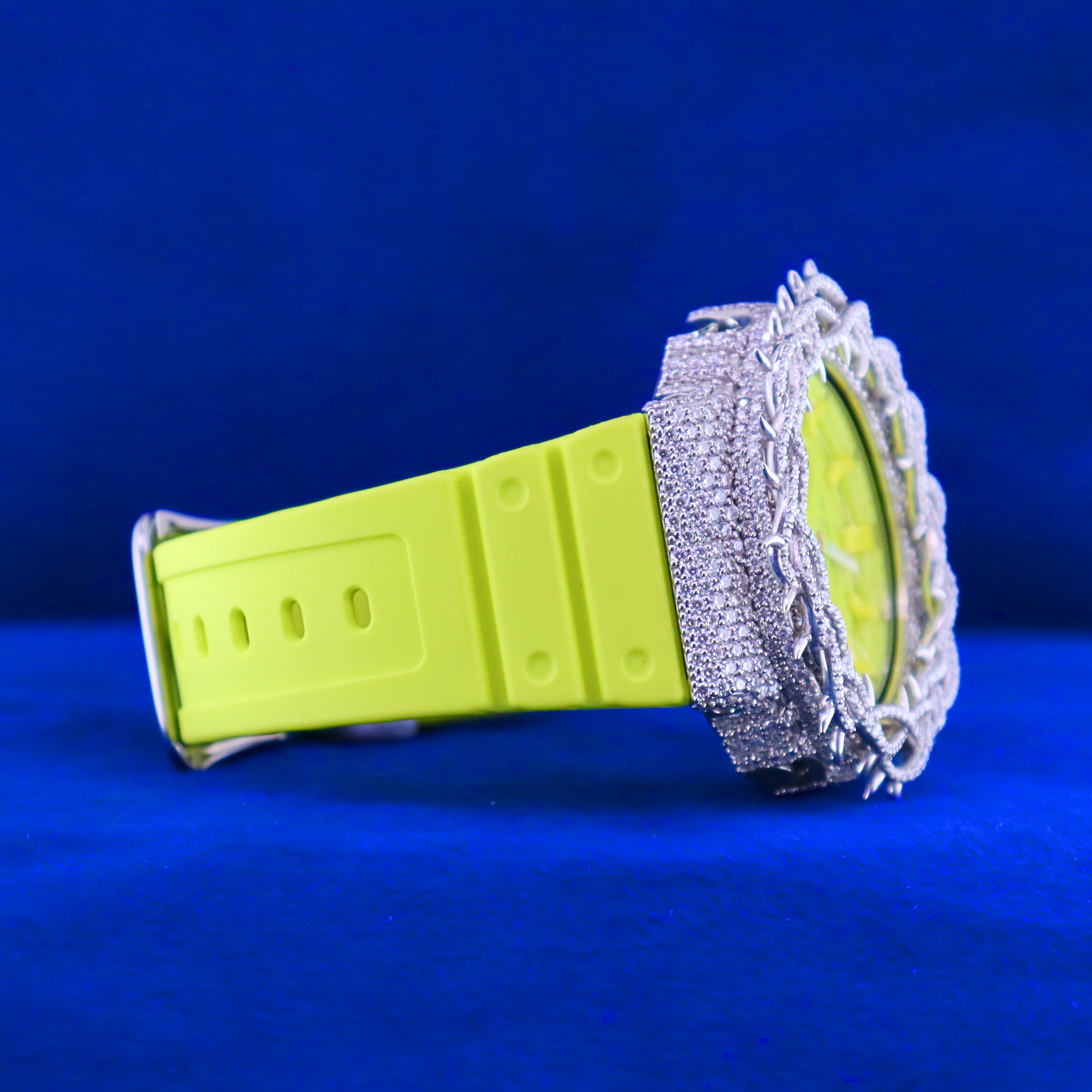 Right side angle of Yellow Iced Frost Phantom – digital iced watch featuring moissanite diamonds and yellow accents in 14K white gold