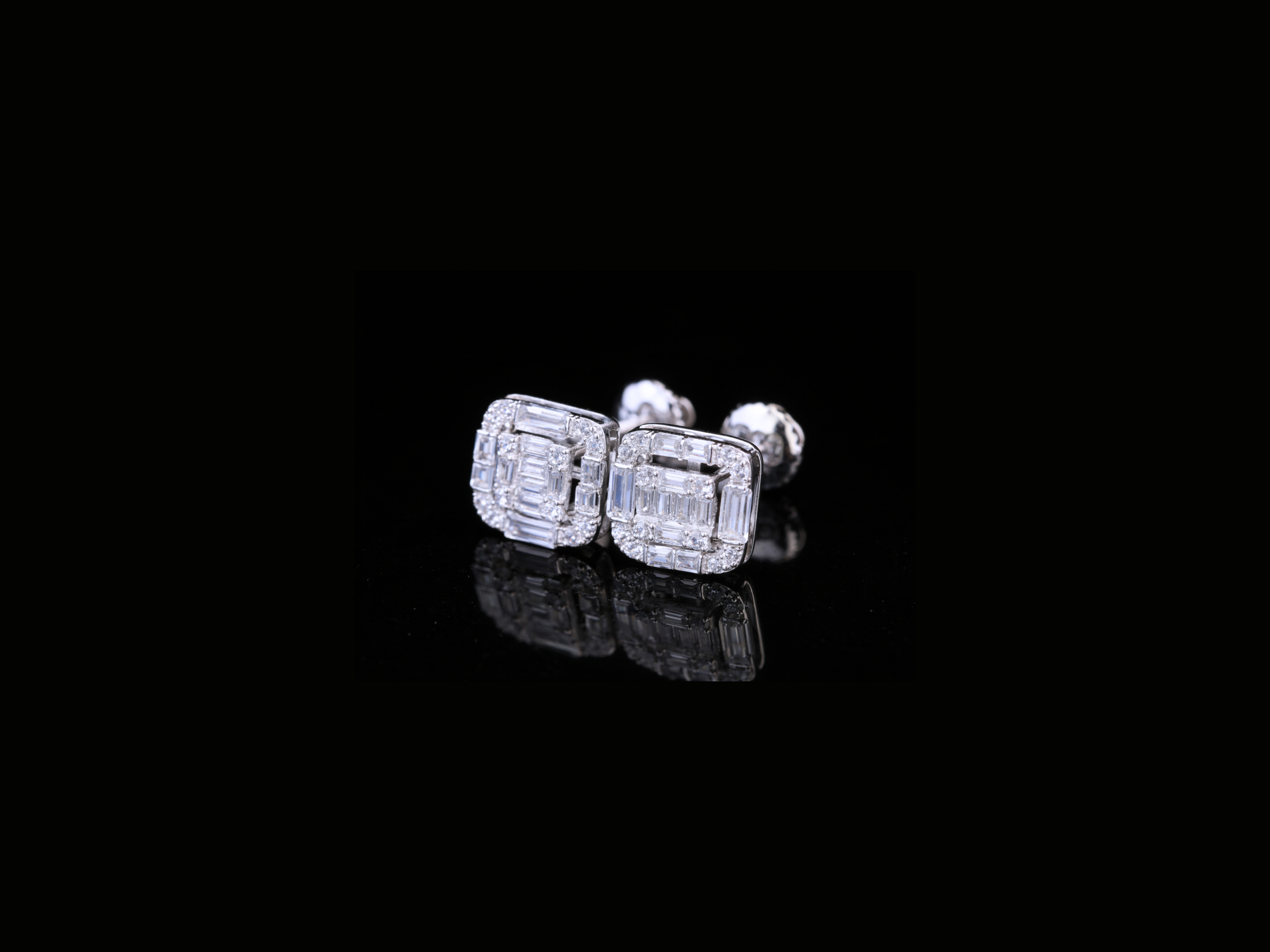 Square Baguette Diamond Stud Earrings | Luxury Gold & Silver Diamond Studs
