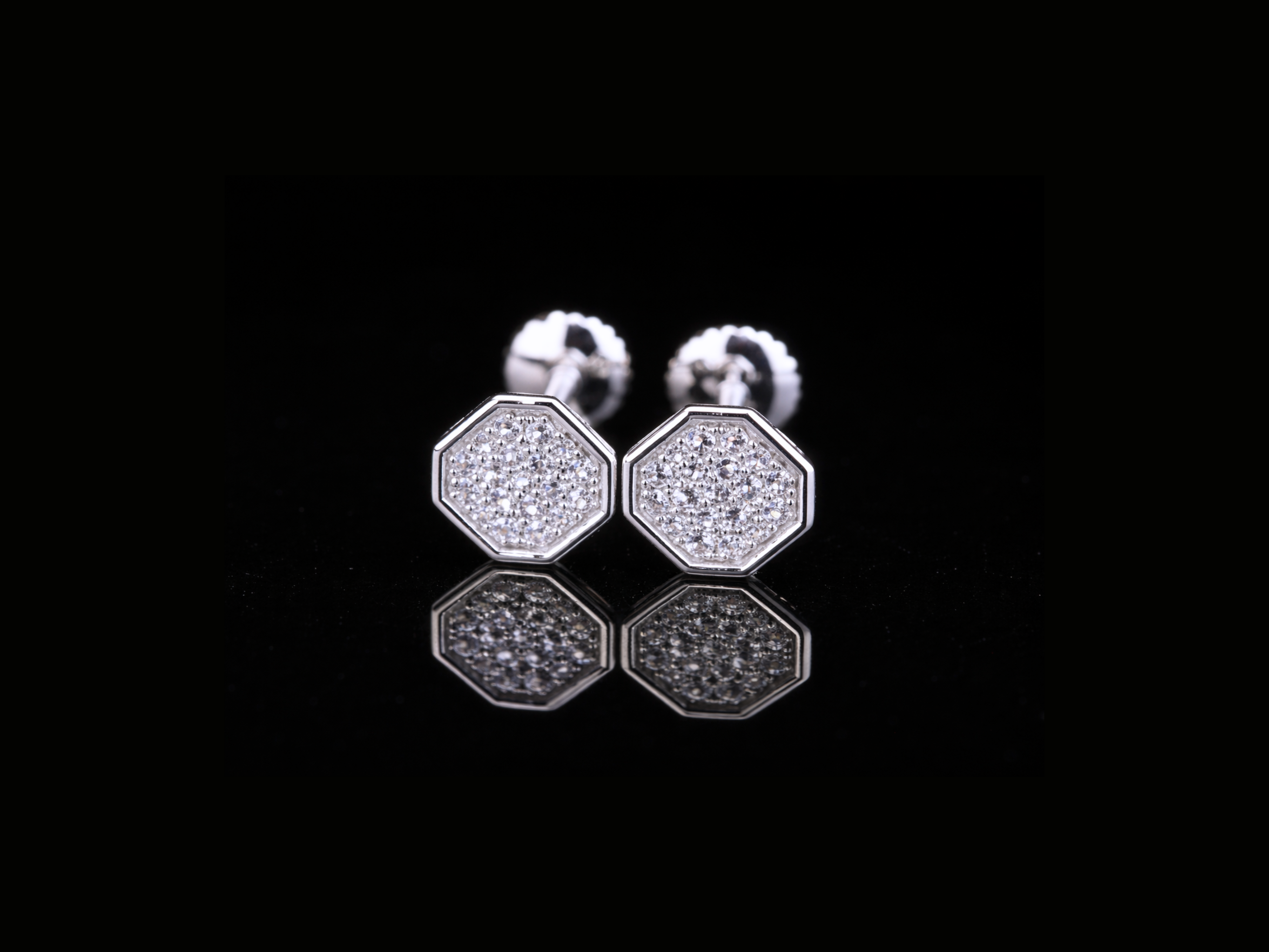 Octagon Diamond Stud Earrings | Luxury Pavé Diamond Studs in Gold & Silver