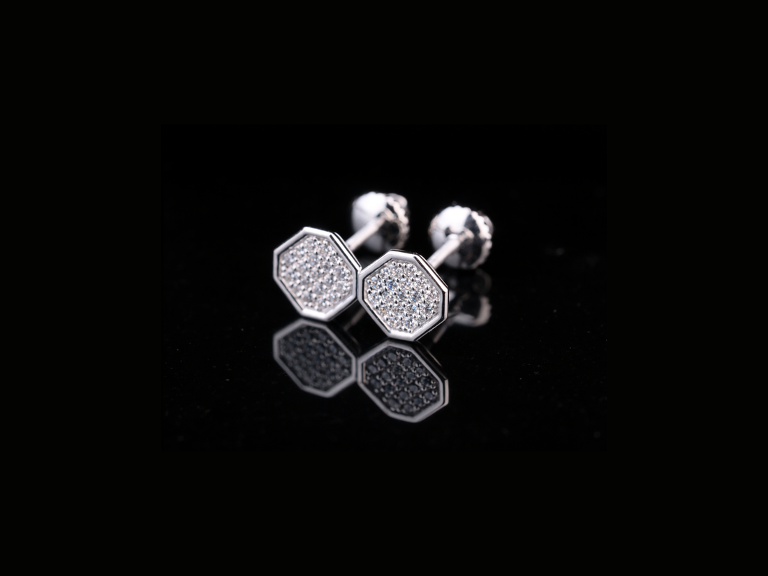 Octagon Diamond Stud Earrings | Luxury Pavé Diamond Studs in Gold & Silver