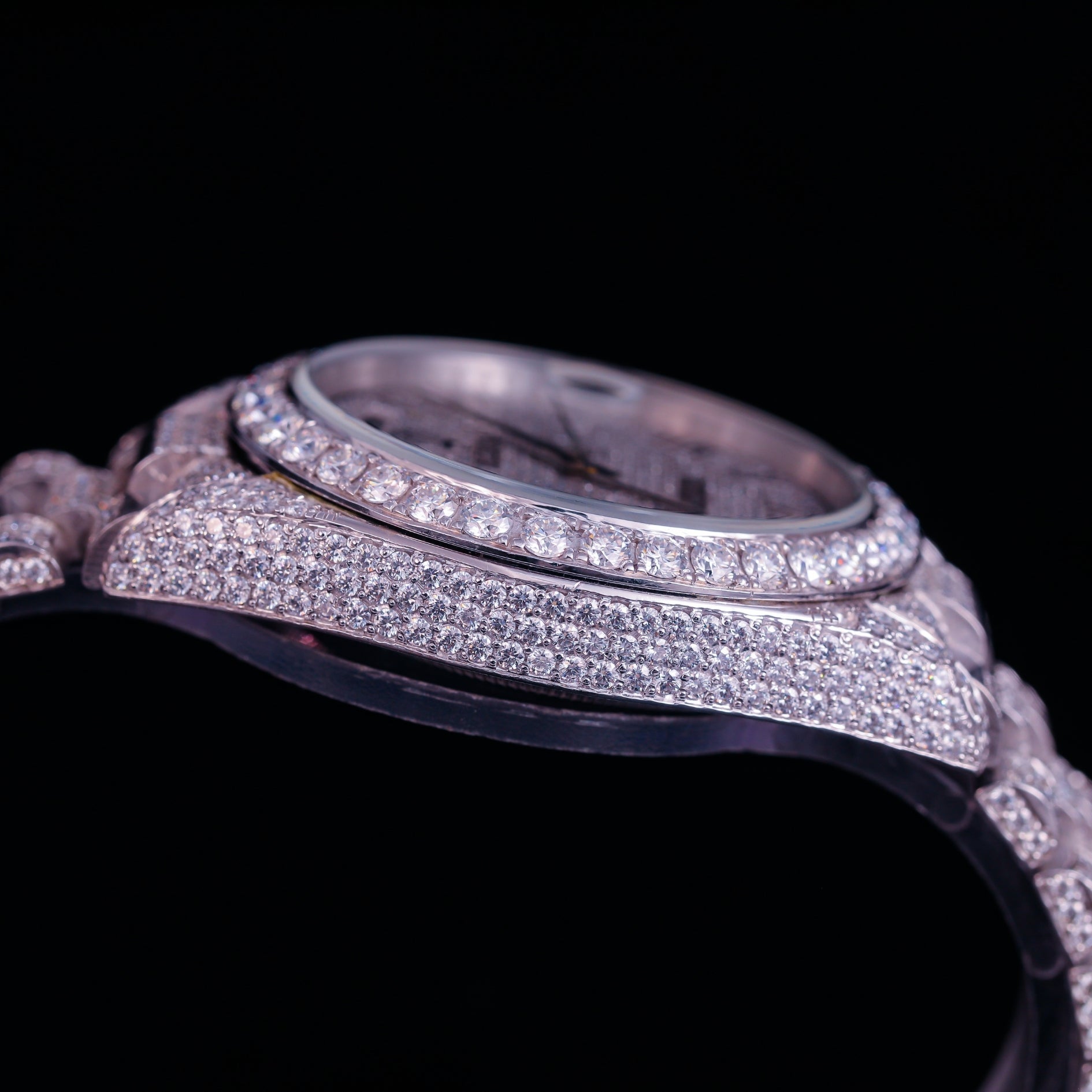 Roman Dial Iced Out Diamond Watch – Day Date Luxury Silver Timepiece