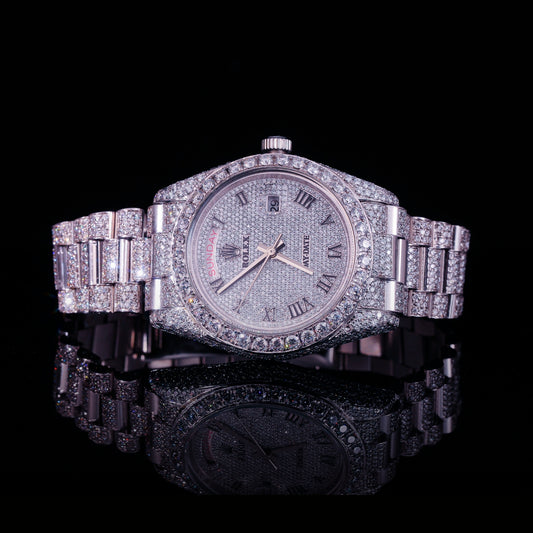 Roman Dial Iced Out Diamond Watch – Day Date Luxury Silver Timepiece