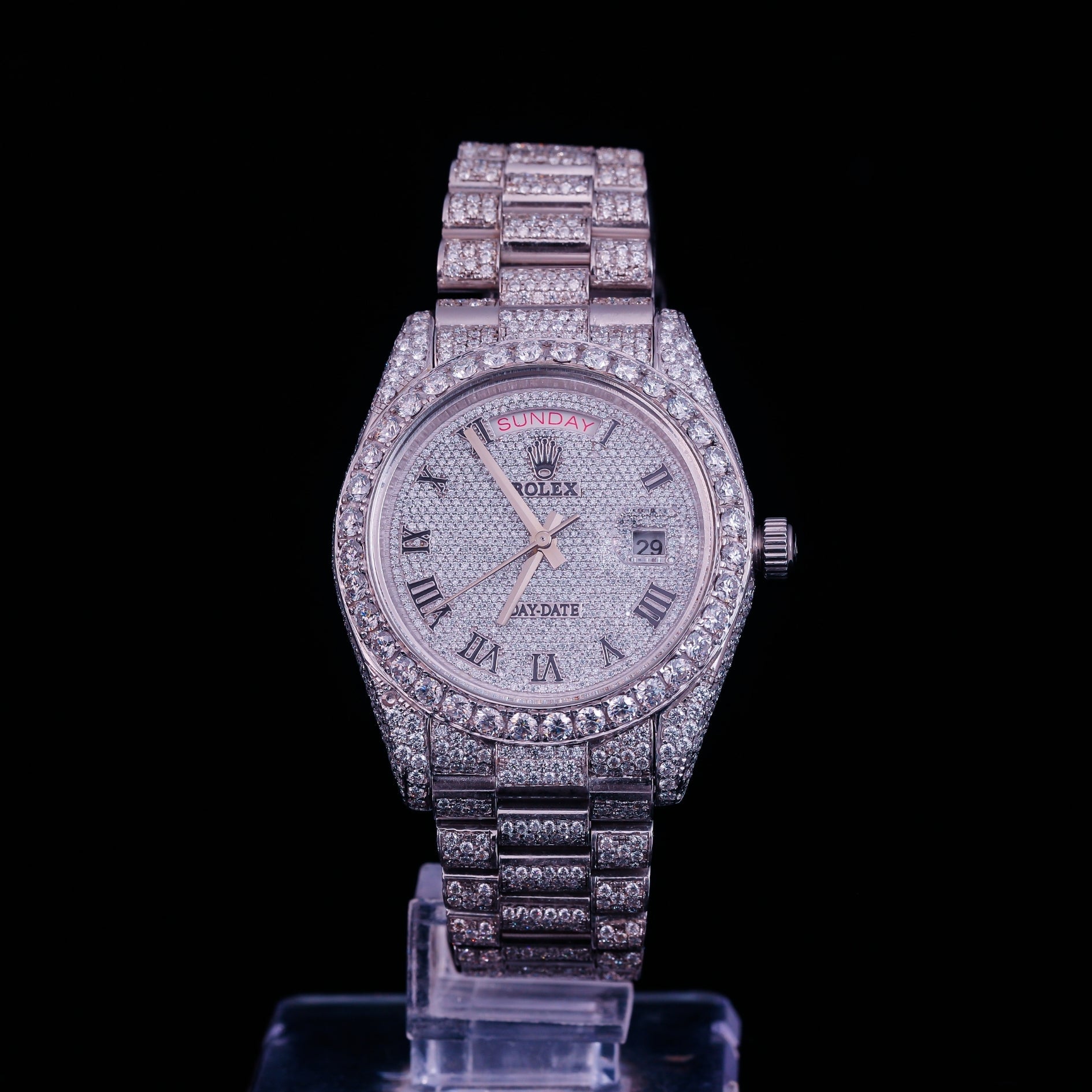 Roman Dial Iced Out Diamond Watch – Day Date Luxury Silver Timepiece