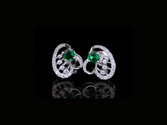 Emerald Green Diamond Stud Earrings | Luxury Halo Diamond Studs in Gold & Silver