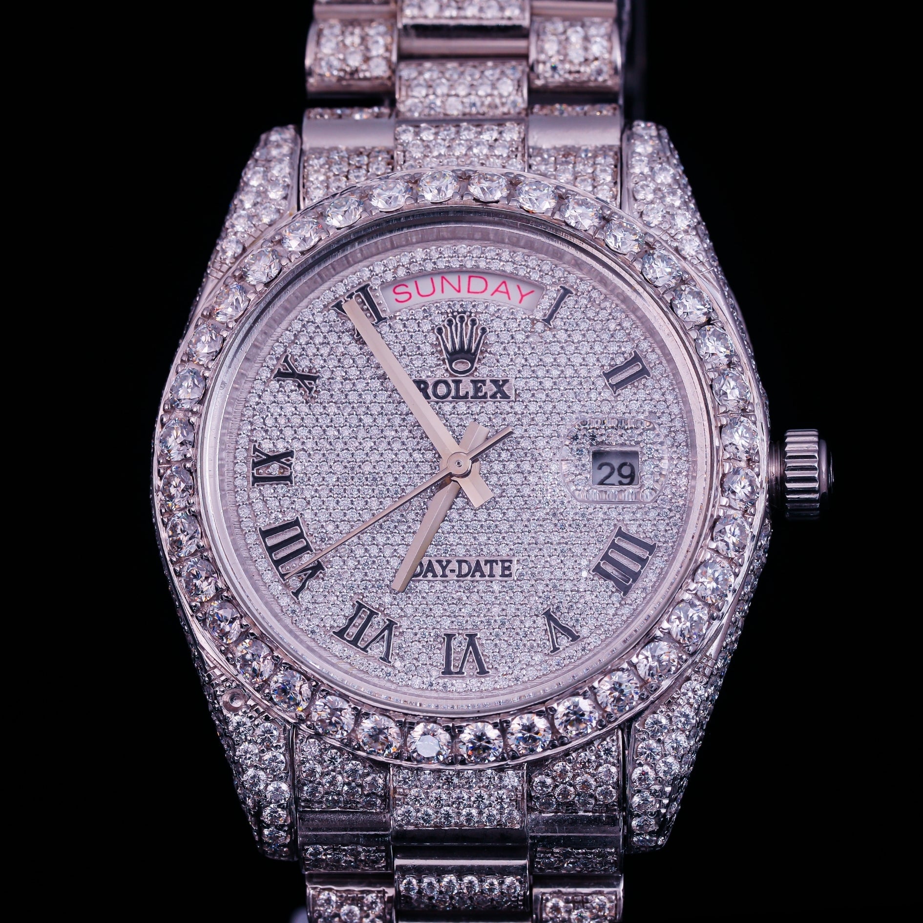 Roman Dial Iced Out Diamond Watch – Day Date Luxury Silver Timepiece