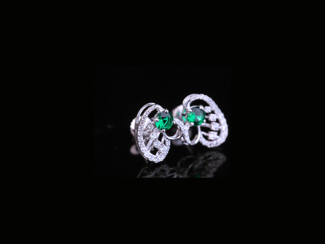 Emerald Green Diamond Stud Earrings | Luxury Halo Diamond Studs in Gold & Silver
