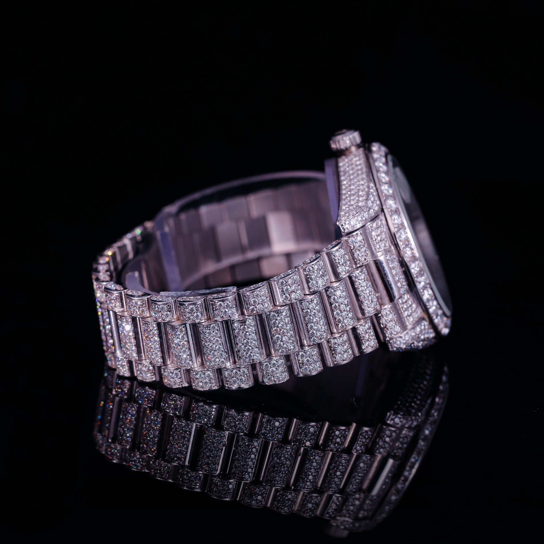 Roman Dial Iced Out Diamond Watch – Day Date Luxury Silver Timepiece