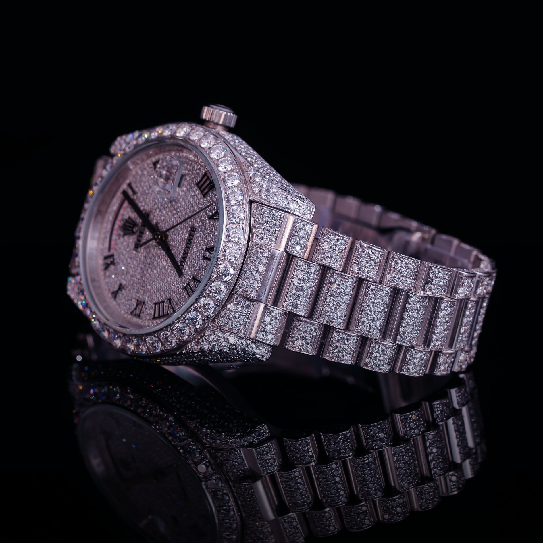 Roman Dial Iced Out Diamond Watch – Day Date Luxury Silver Timepiece