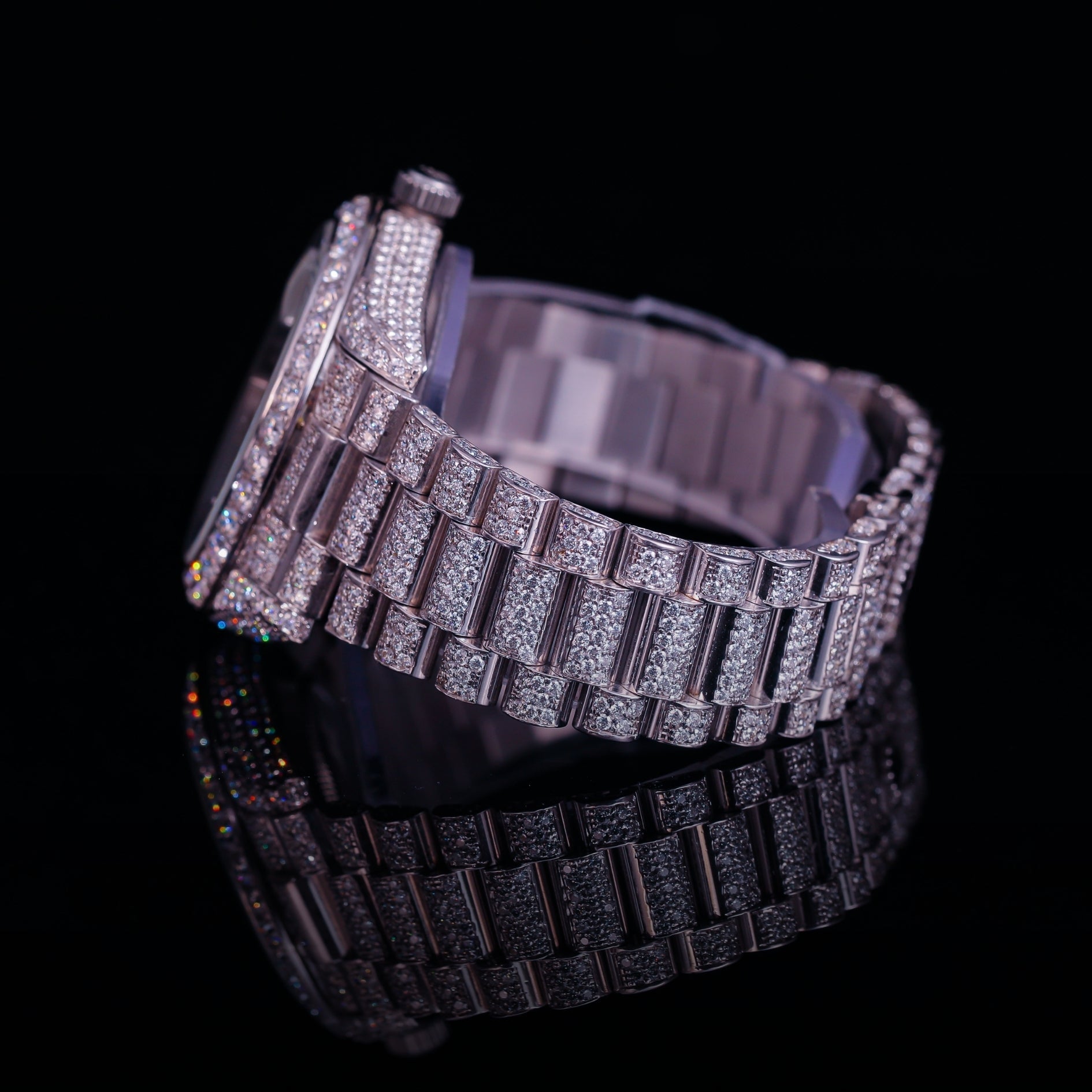 Roman Dial Iced Out Diamond Watch – Day Date Luxury Silver Timepiece