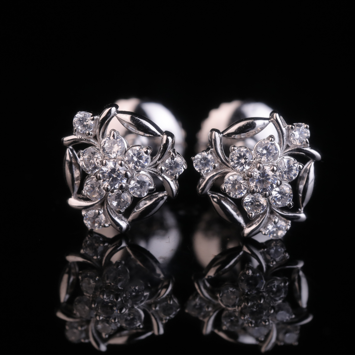 Floral Swirl Moissanite Cluster Stud Earrings | 18KT, 14KT, 10KT Gold & Silver