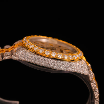 Gold Tone Iced Out Diamond Watch – Date Display Luxury Statement Timepiece