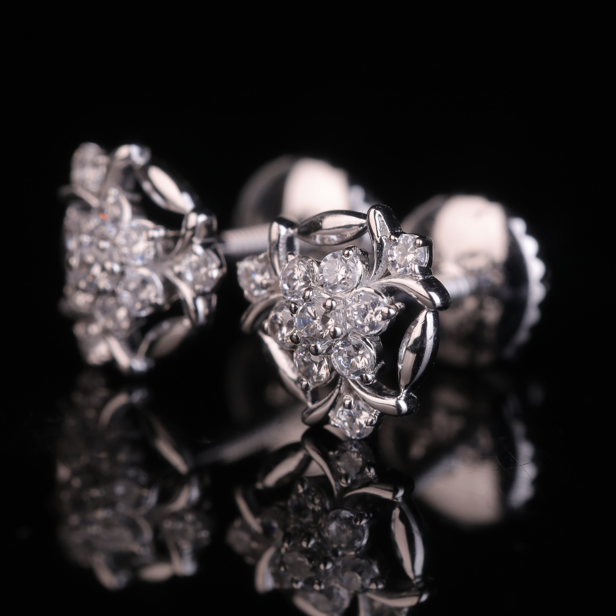 Floral Swirl Moissanite Cluster Stud Earrings | 18KT, 14KT, 10KT Gold & Silver