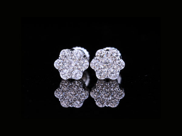 Diamond Cluster Flower Stud Earrings | Brilliant Round Diamond Studs in Gold & Silver