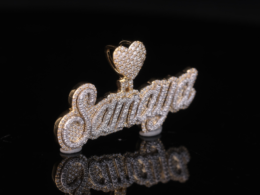 Custom Diamond Name Pendant with Heart Bail in Gold & Silver | 18K, 14K, 10K Iced-Out Name Necklace