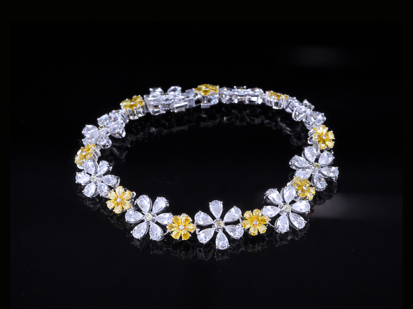 Floral Diamond Tennis Bracelet | White & Yellow Diamond Bracelet in Gold & Silver