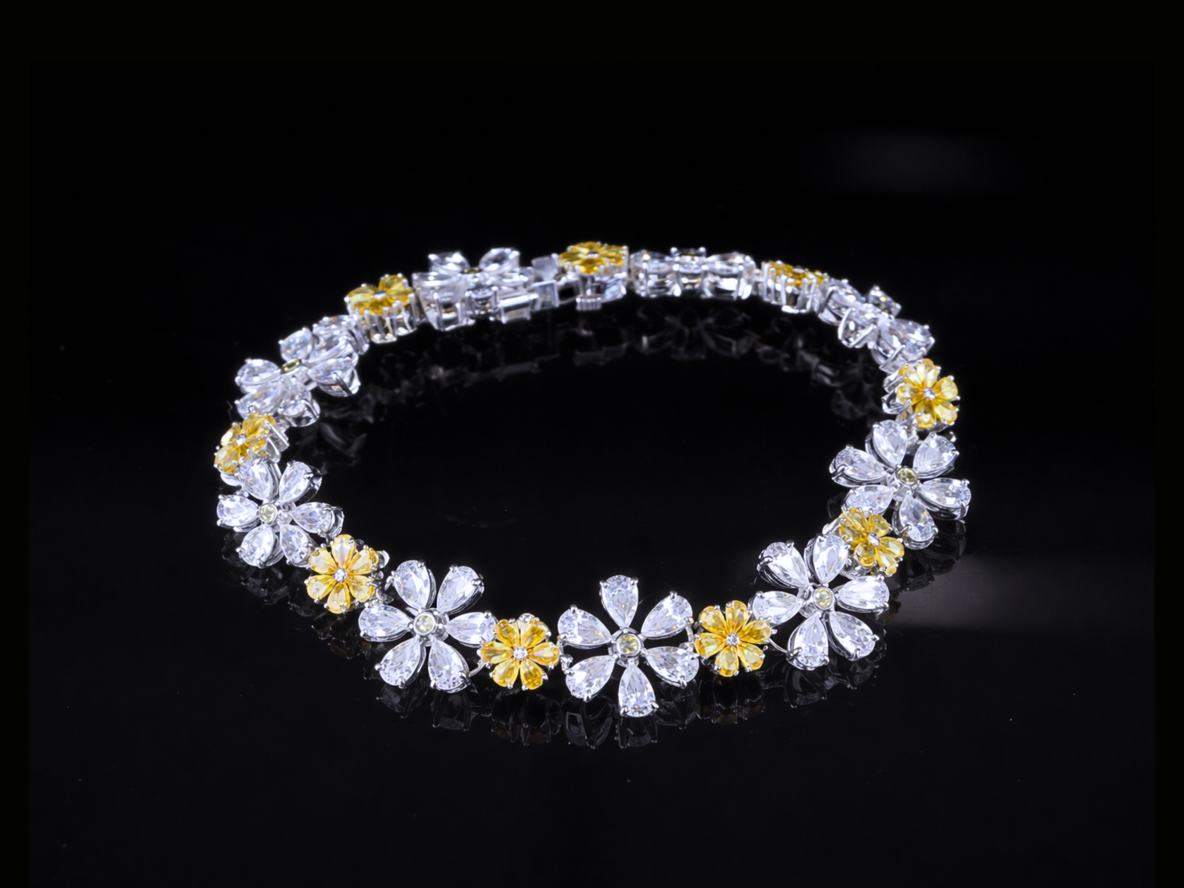 Floral Diamond Tennis Bracelet | White & Yellow Diamond Bracelet in Gold & Silver