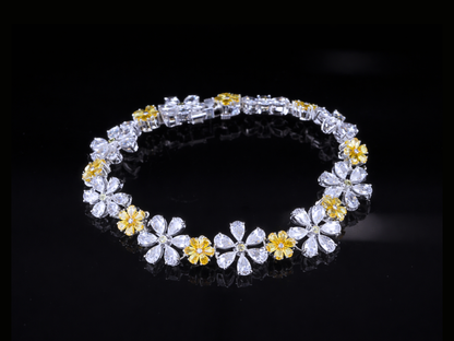Floral Diamond Tennis Bracelet | White & Yellow Diamond Bracelet in Gold & Silver