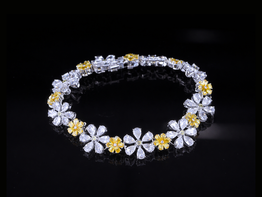Floral Diamond Tennis Bracelet | White & Yellow Diamond Bracelet in Gold & Silver