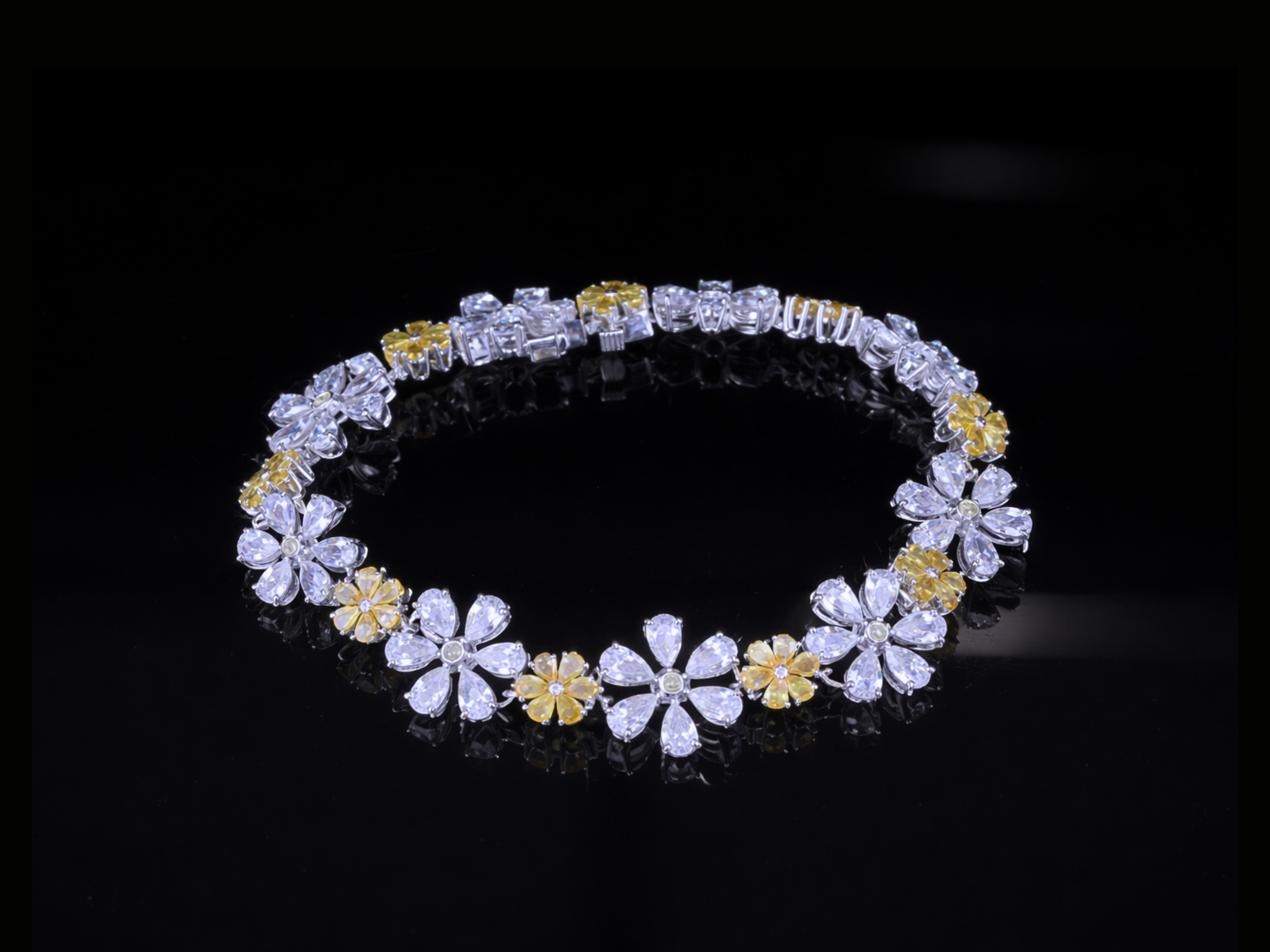 Floral Diamond Tennis Bracelet | White & Yellow Diamond Bracelet in Gold & Silver