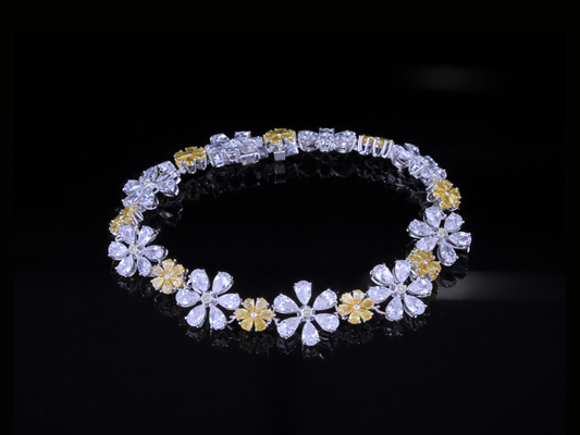 Floral Diamond Tennis Bracelet | White & Yellow Diamond Bracelet in Gold & Silver