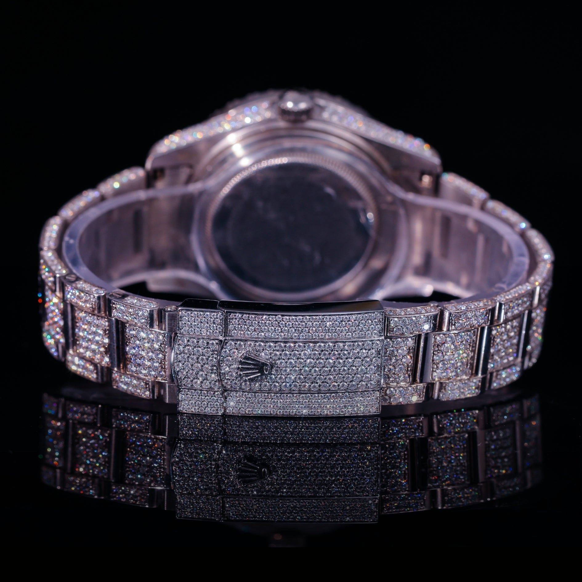 Iced Out Silver Diamond Watch with Green Inner Dial Accent