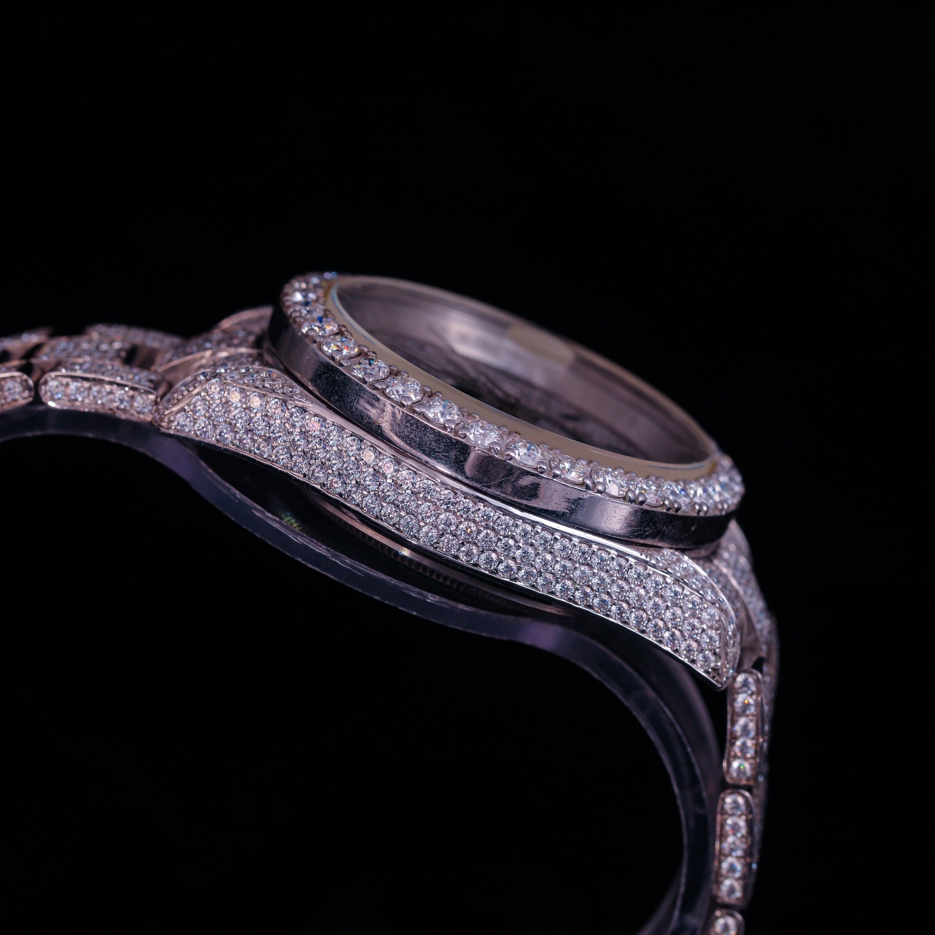 Iced Out Silver Diamond Watch with Green Inner Dial Accent