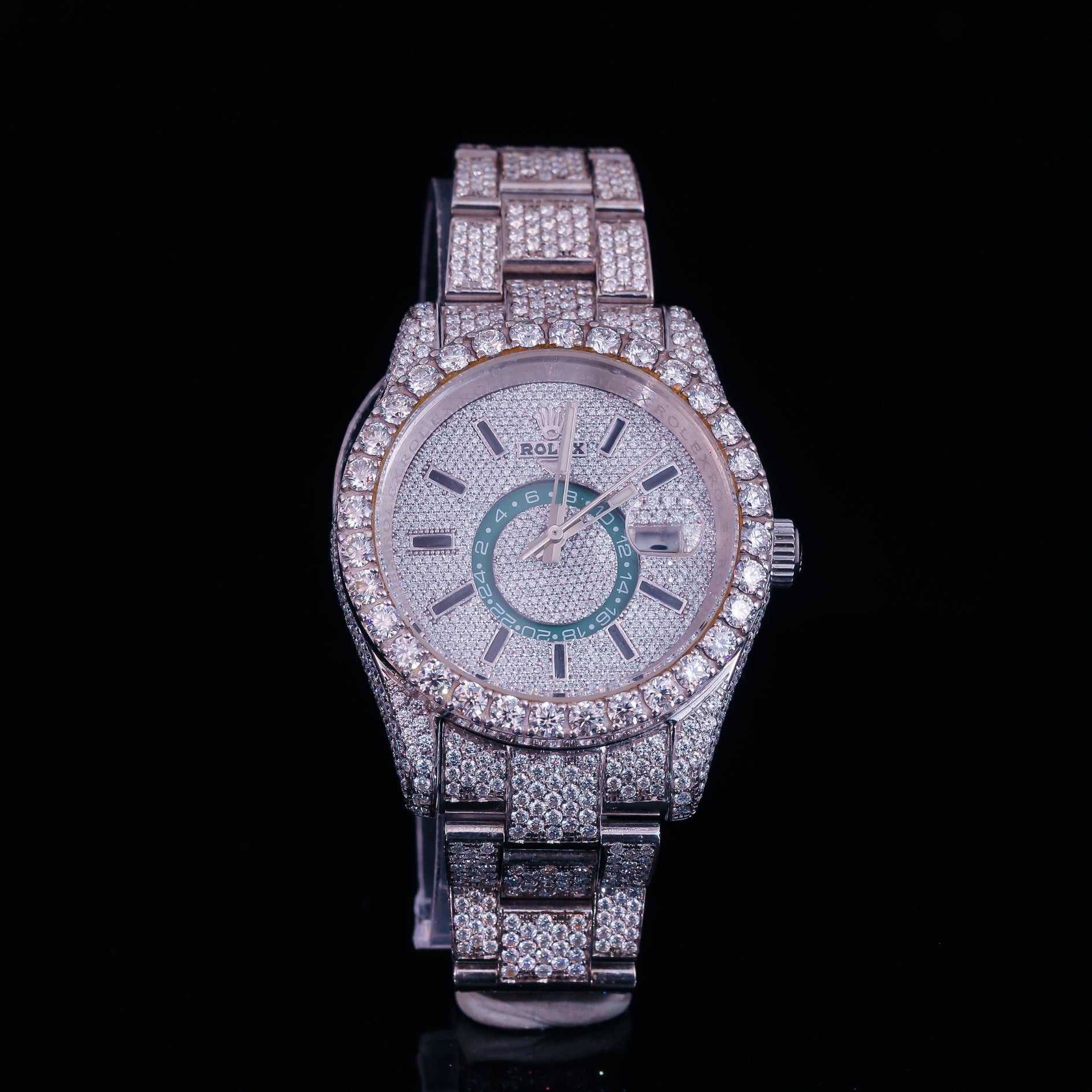 Iced Out Silver Diamond Watch with Green Inner Dial Accent