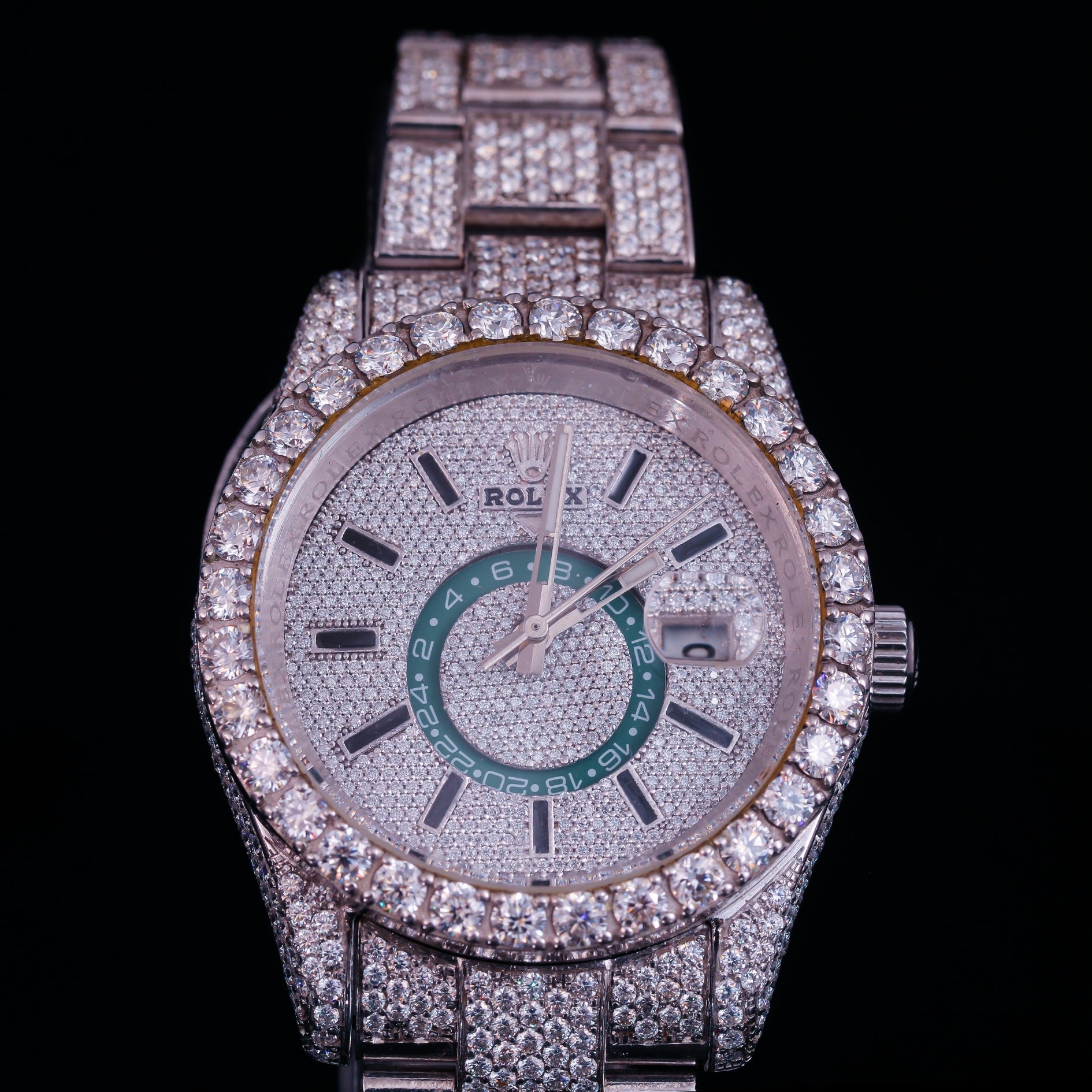 Iced Out Silver Diamond Watch with Green Inner Dial Accent