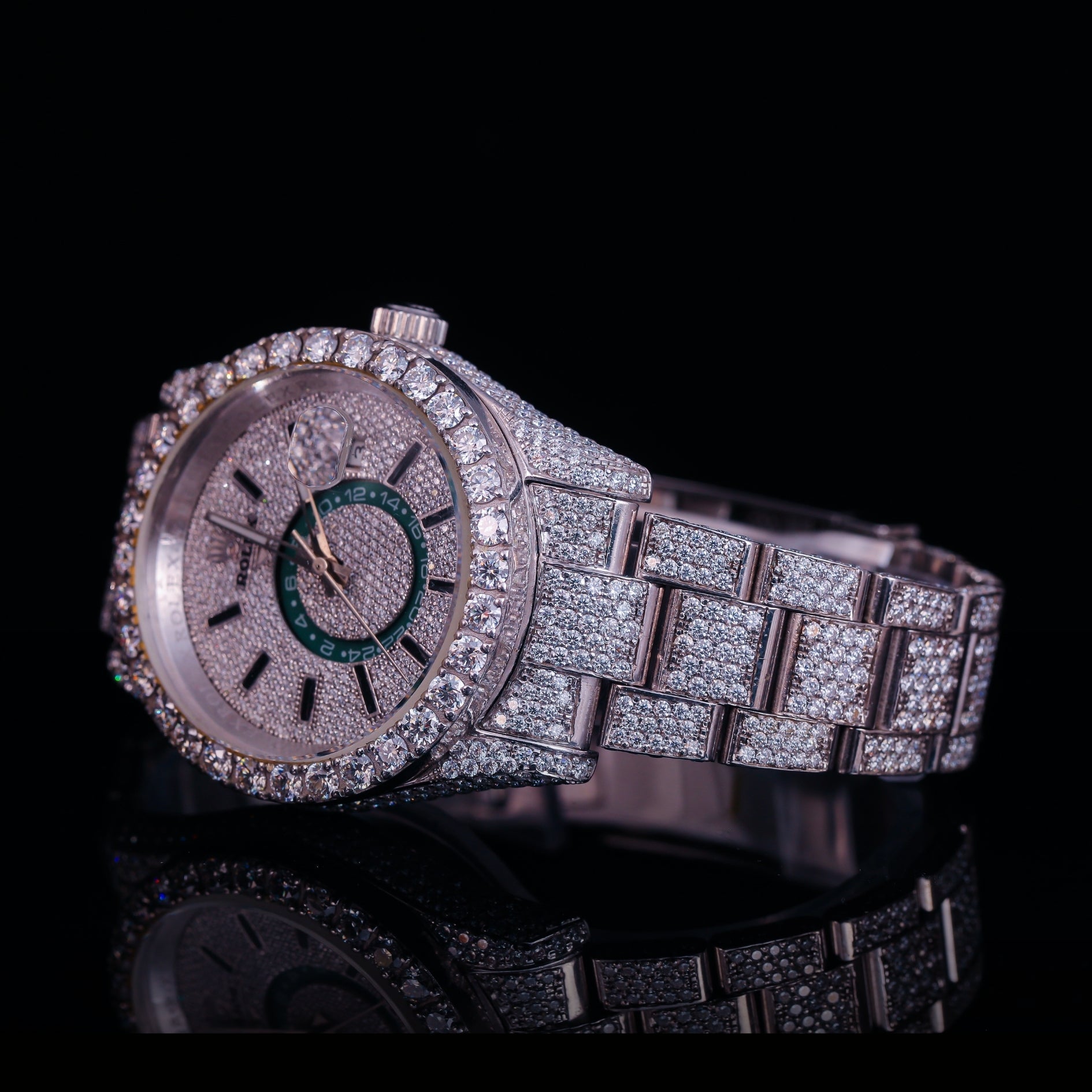 Iced Out Silver Diamond Watch with Green Inner Dial Accent