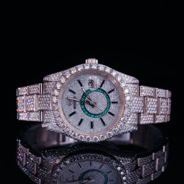 Iced Out Silver Diamond Watch with Green Inner Dial Accent