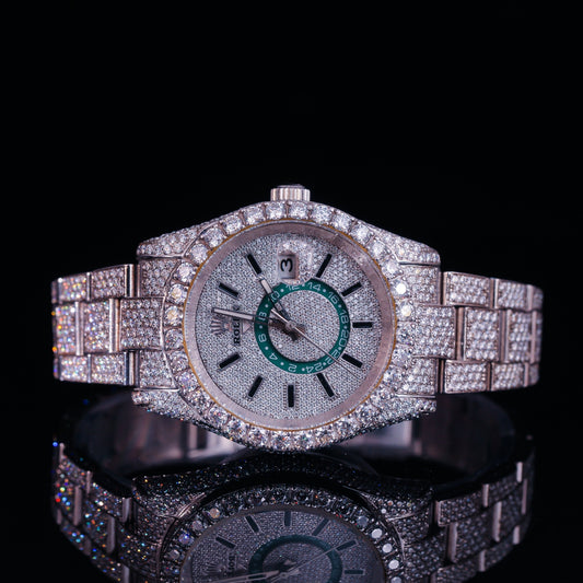 Iced Out Silver Diamond Watch with Green Inner Dial Accent