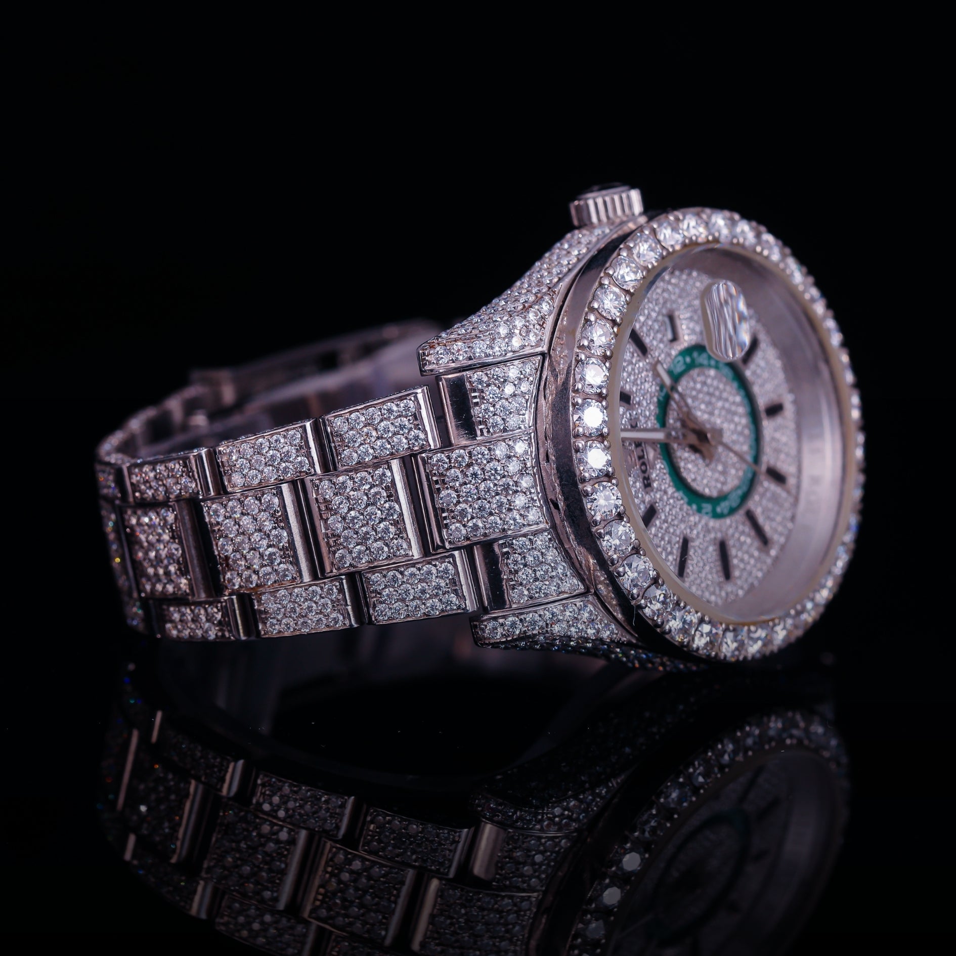Iced Out Silver Diamond Watch with Green Inner Dial Accent