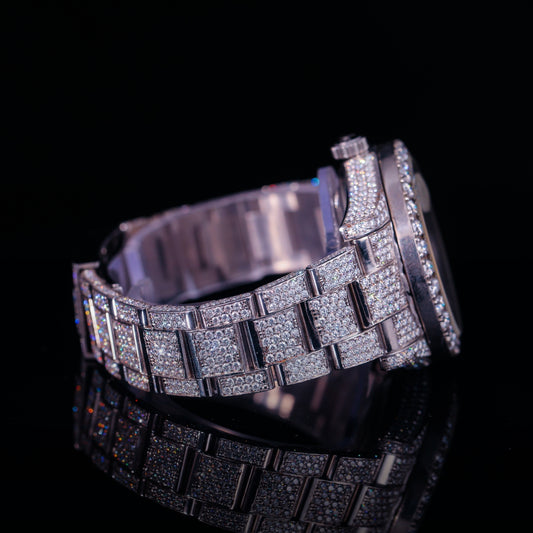 Iced Out Silver Diamond Watch with Green Inner Dial Accent