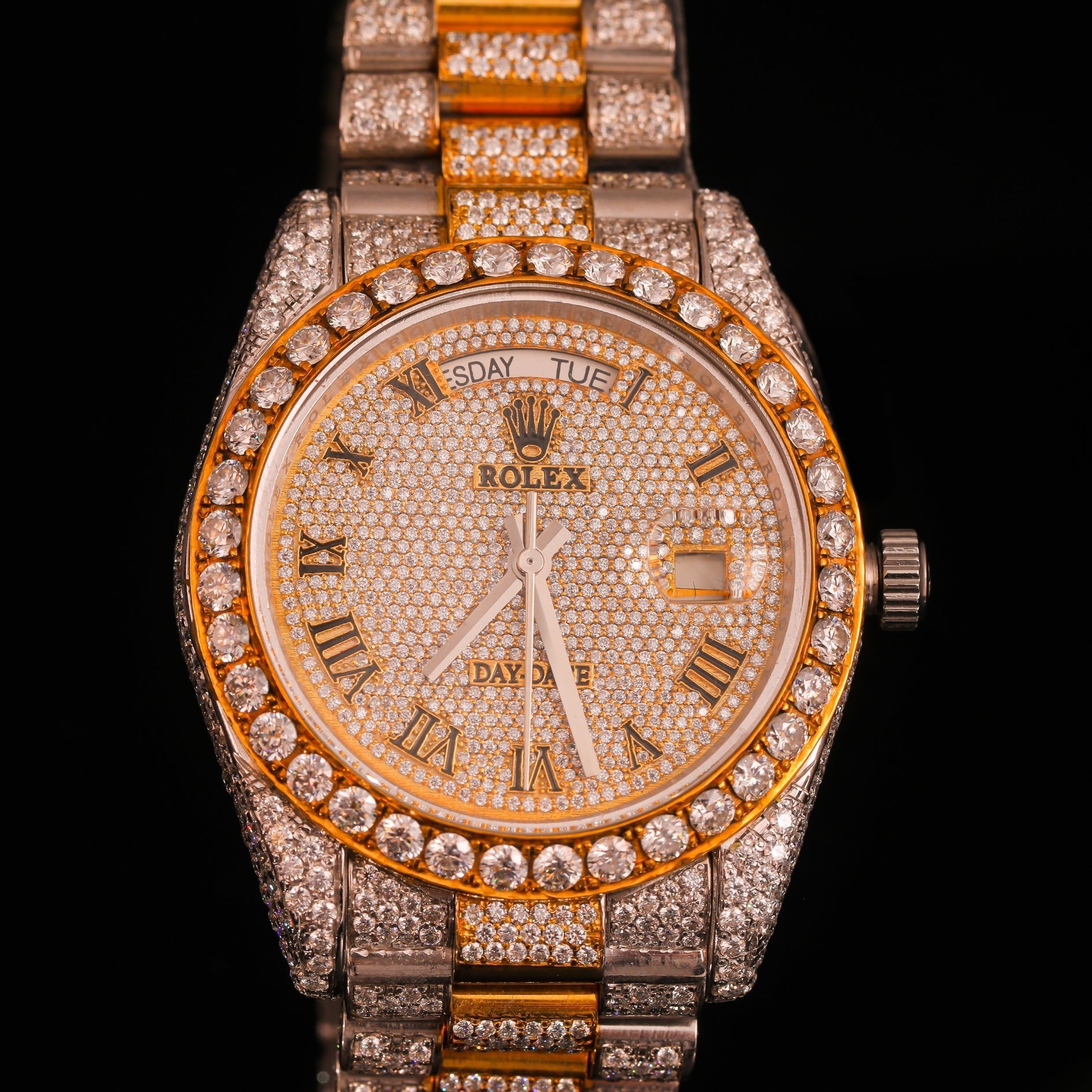 Iced Out Two-Tone Gold & Silver Diamond Watch with Roman Dial