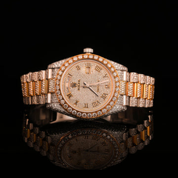 Iced Out Two-Tone Gold & Silver Diamond Watch with Roman Dial
