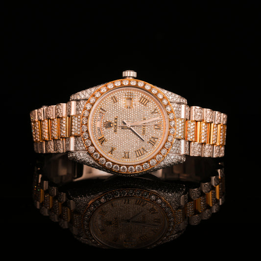 Iced Out Two-Tone Gold & Silver Diamond Watch with Roman Dial