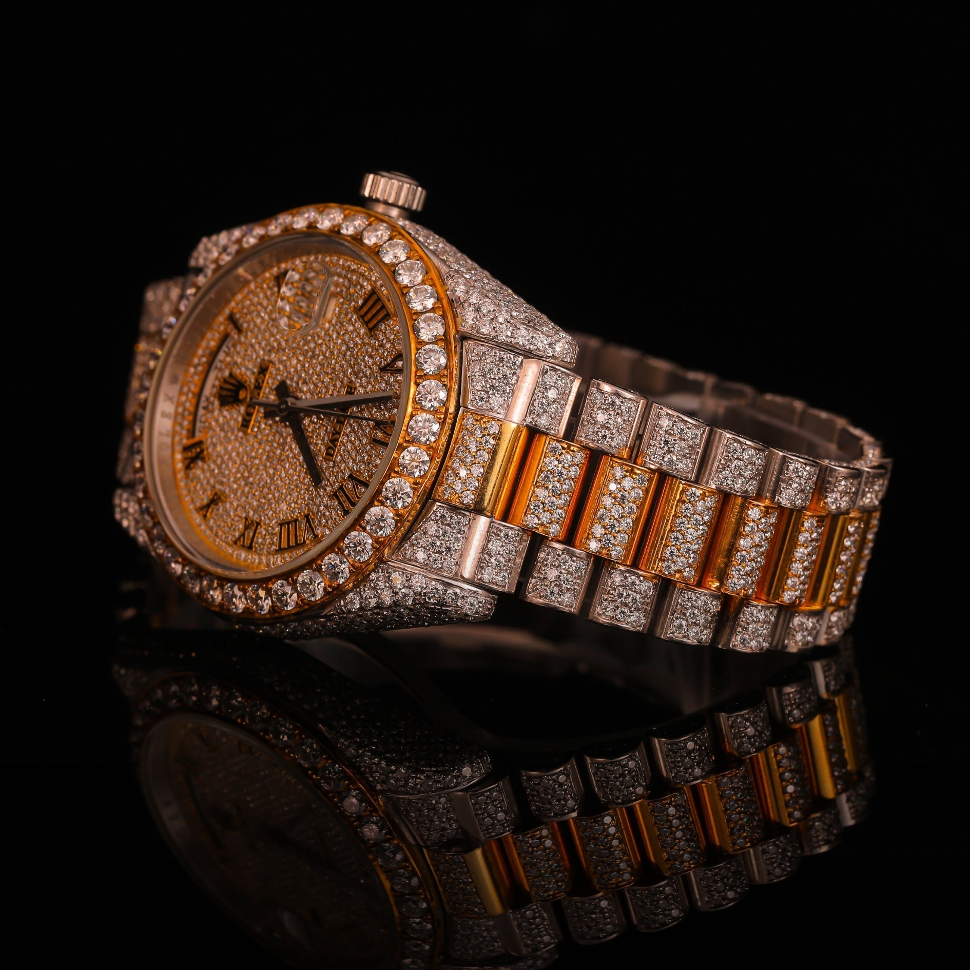 Iced Out Two-Tone Gold & Silver Diamond Watch with Roman Dial