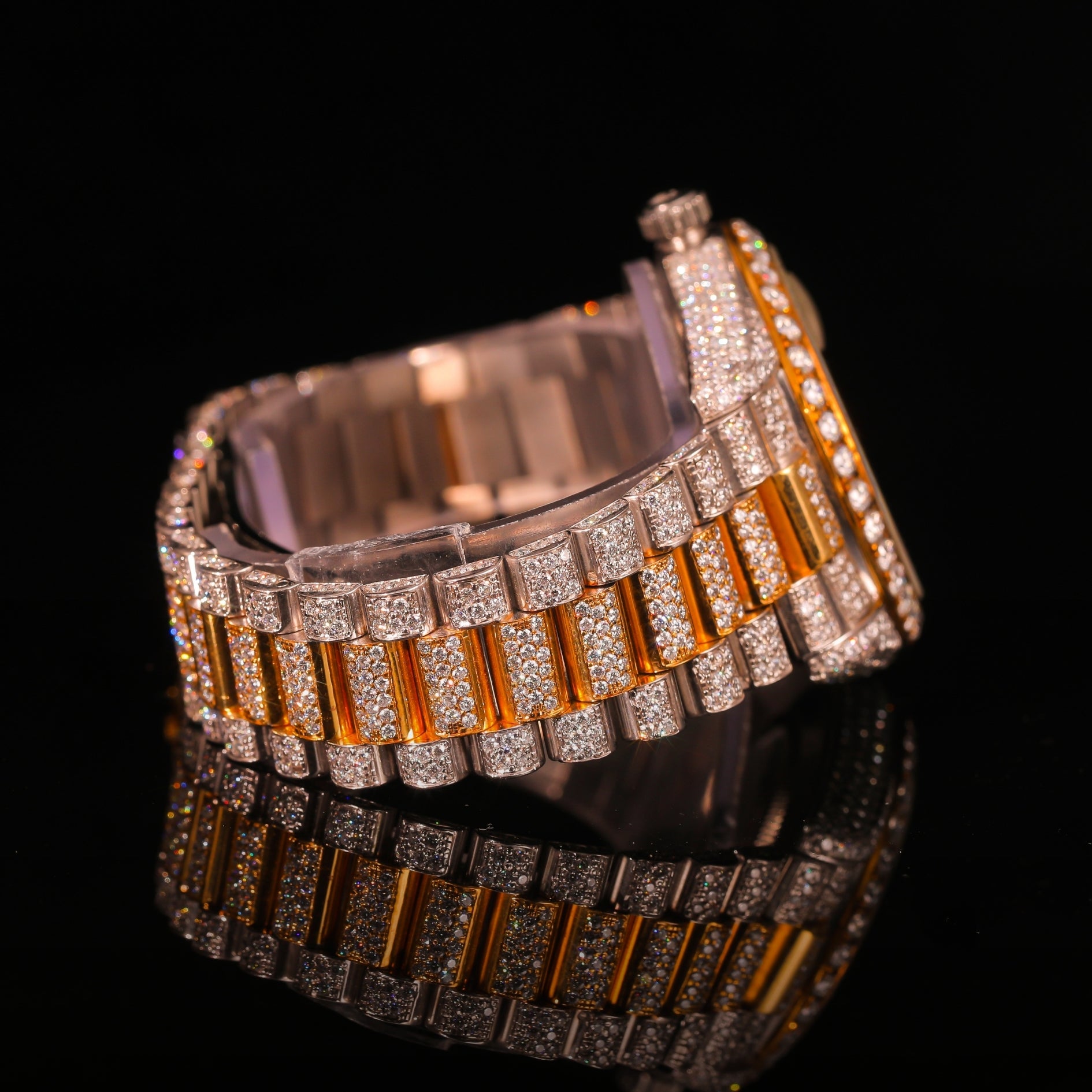 Iced Out Two-Tone Gold & Silver Diamond Watch with Roman Dial