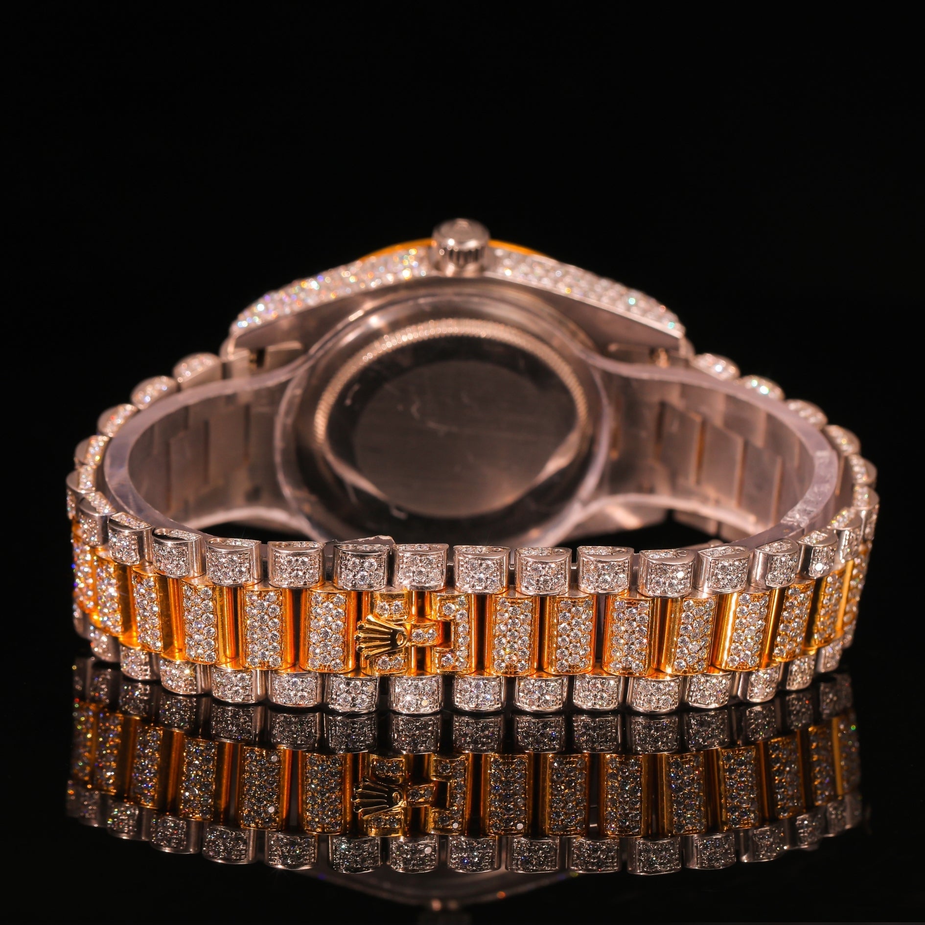 Iced Out Two-Tone Gold & Silver Diamond Watch with Roman Dial