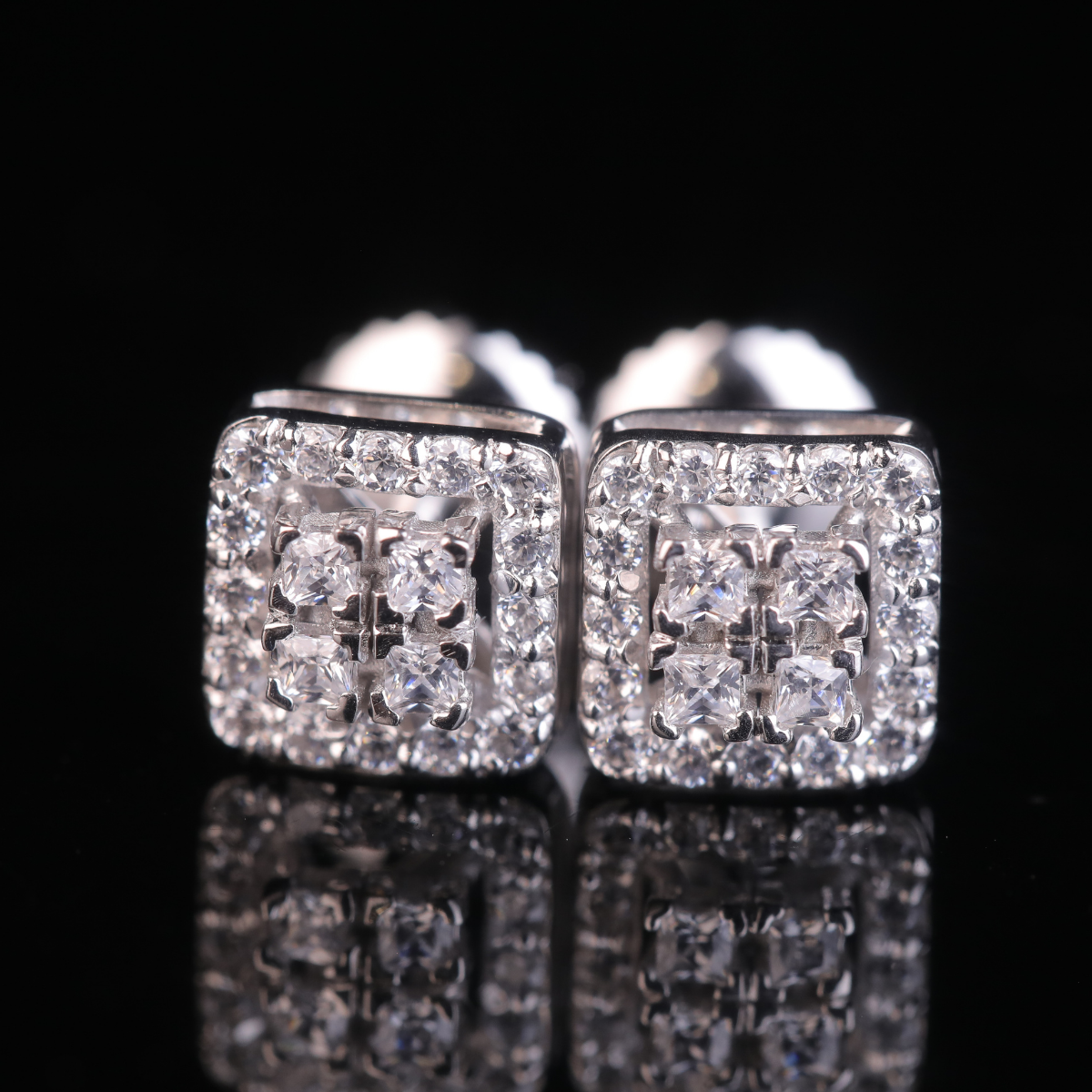 Square Halo Princess Cut Moissanite Stud Earrings | 18KT, 14KT, 10KT Gold & Silver