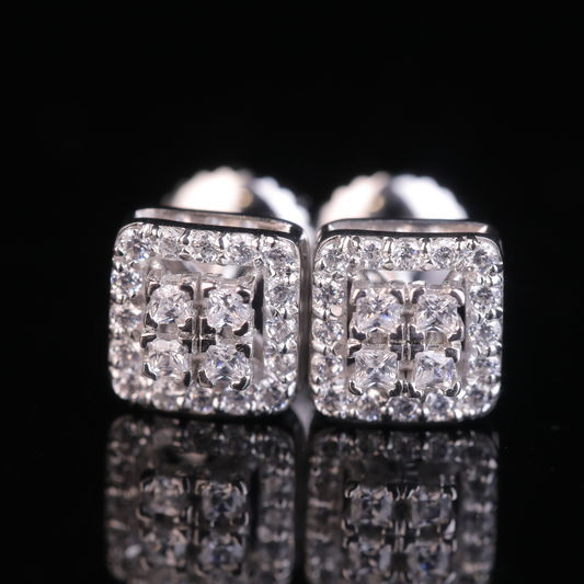 Square Halo Princess Cut Moissanite Stud Earrings | 18KT, 14KT, 10KT Gold & Silver